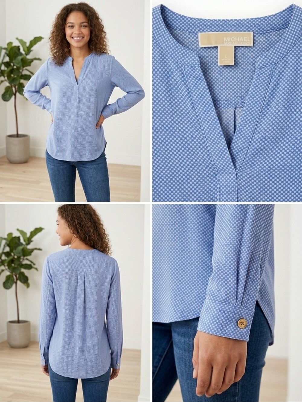 Michael Kors Blue White Geometric Split Neck Tunic Blouse - Size L